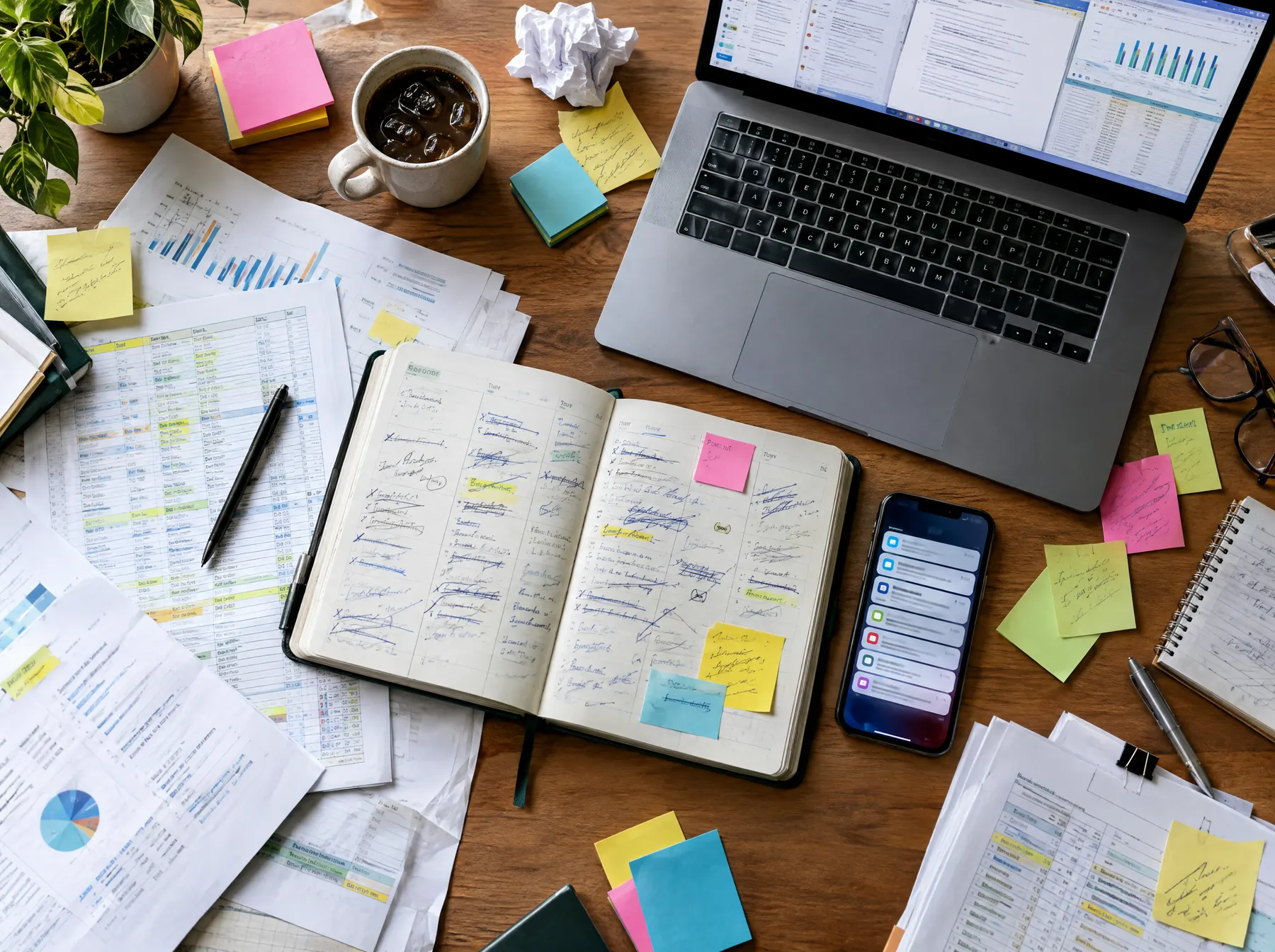 Escritorio desordenado con agenda de papel, notas adhesivas y notificaciones en el celular