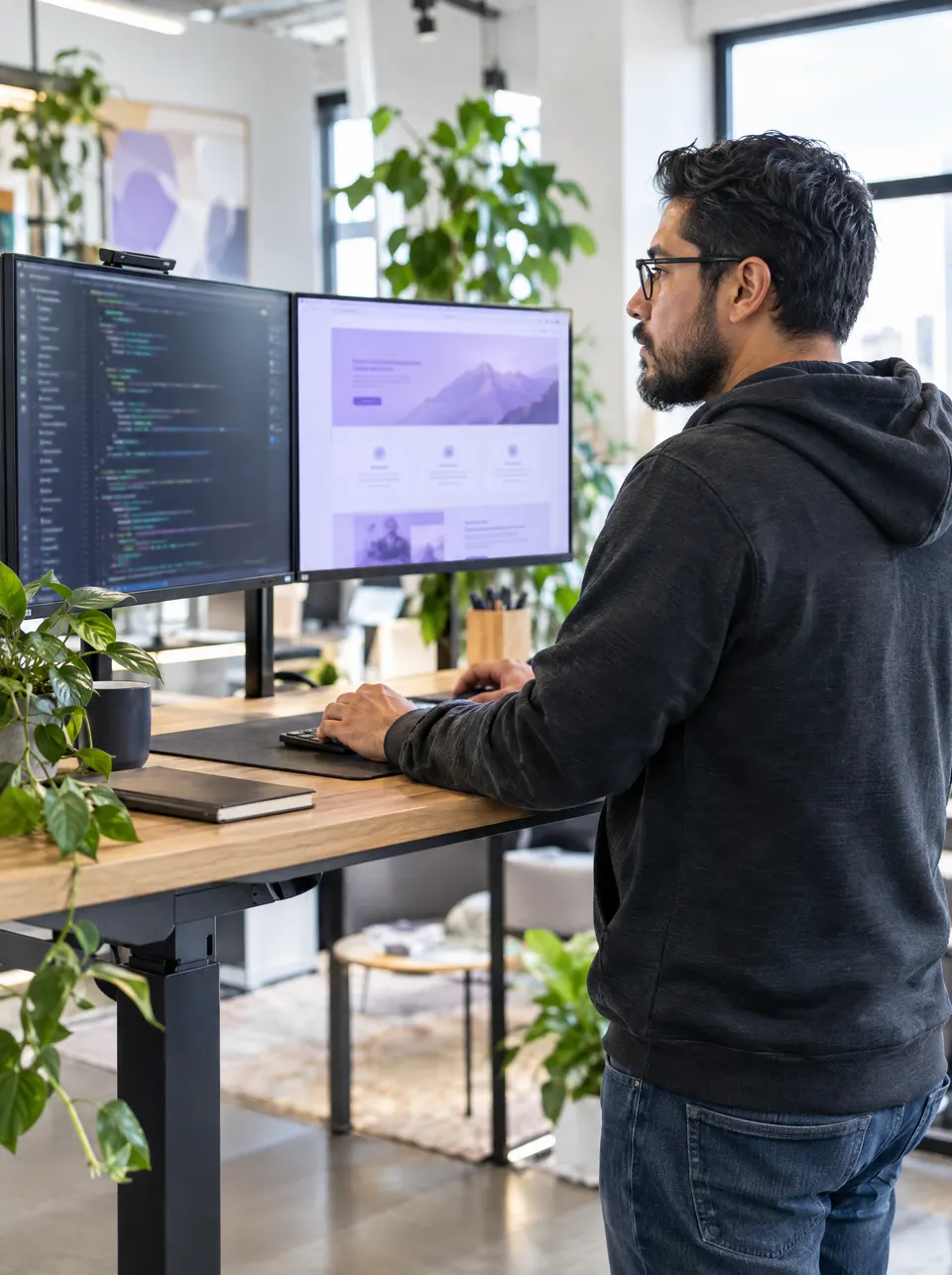 Desarrollador trabajando con dos monitores