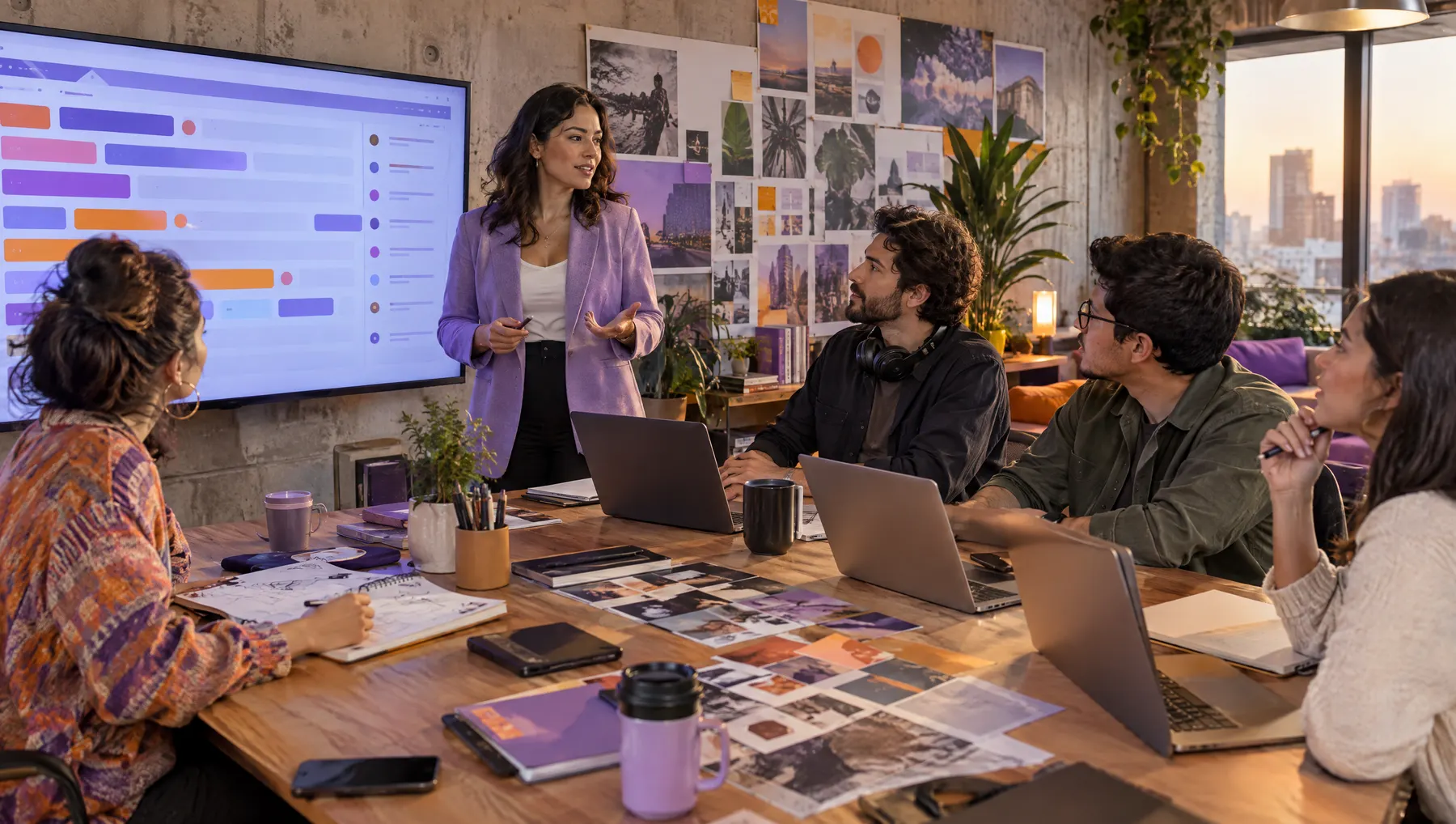 Directora de cuentas coordinando a su equipo creativo frente a un tablero de tareas