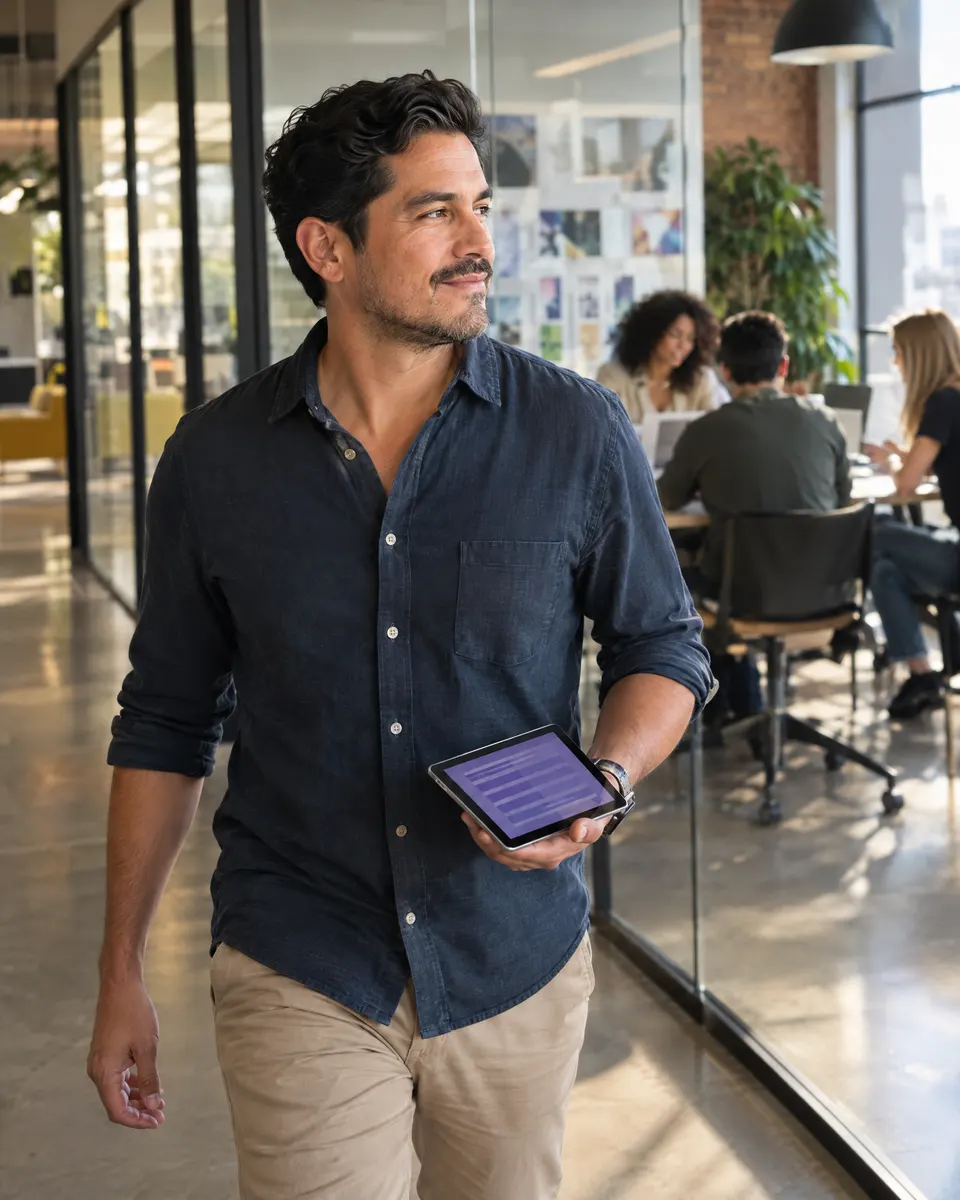 Director de cuentas revisando el avance del equipo en una tablet