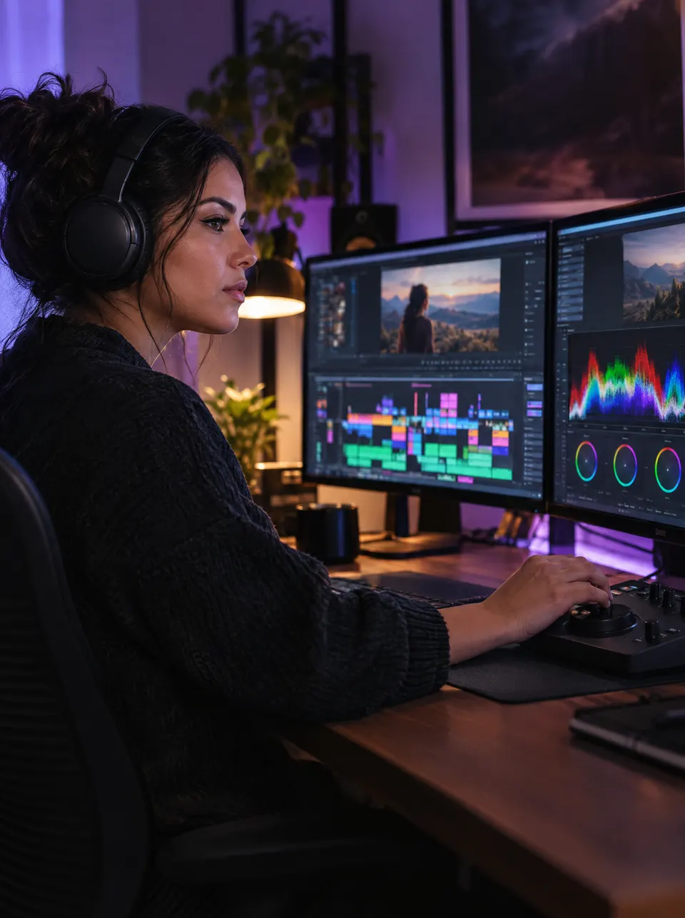 Editora de video trabajando en una línea de tiempo