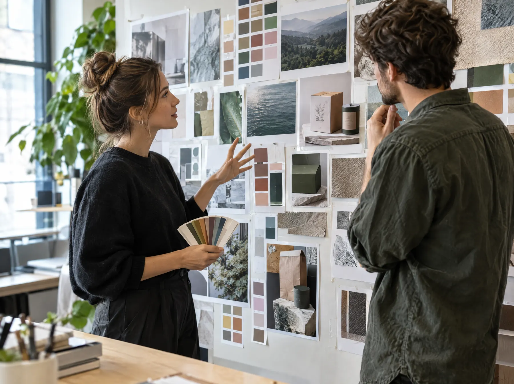 Diseñadores revisando un moodboard