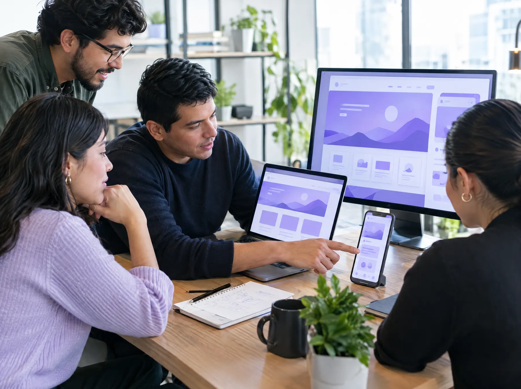 Equipo de desarrollo web revisando un sitio en varias pantallas