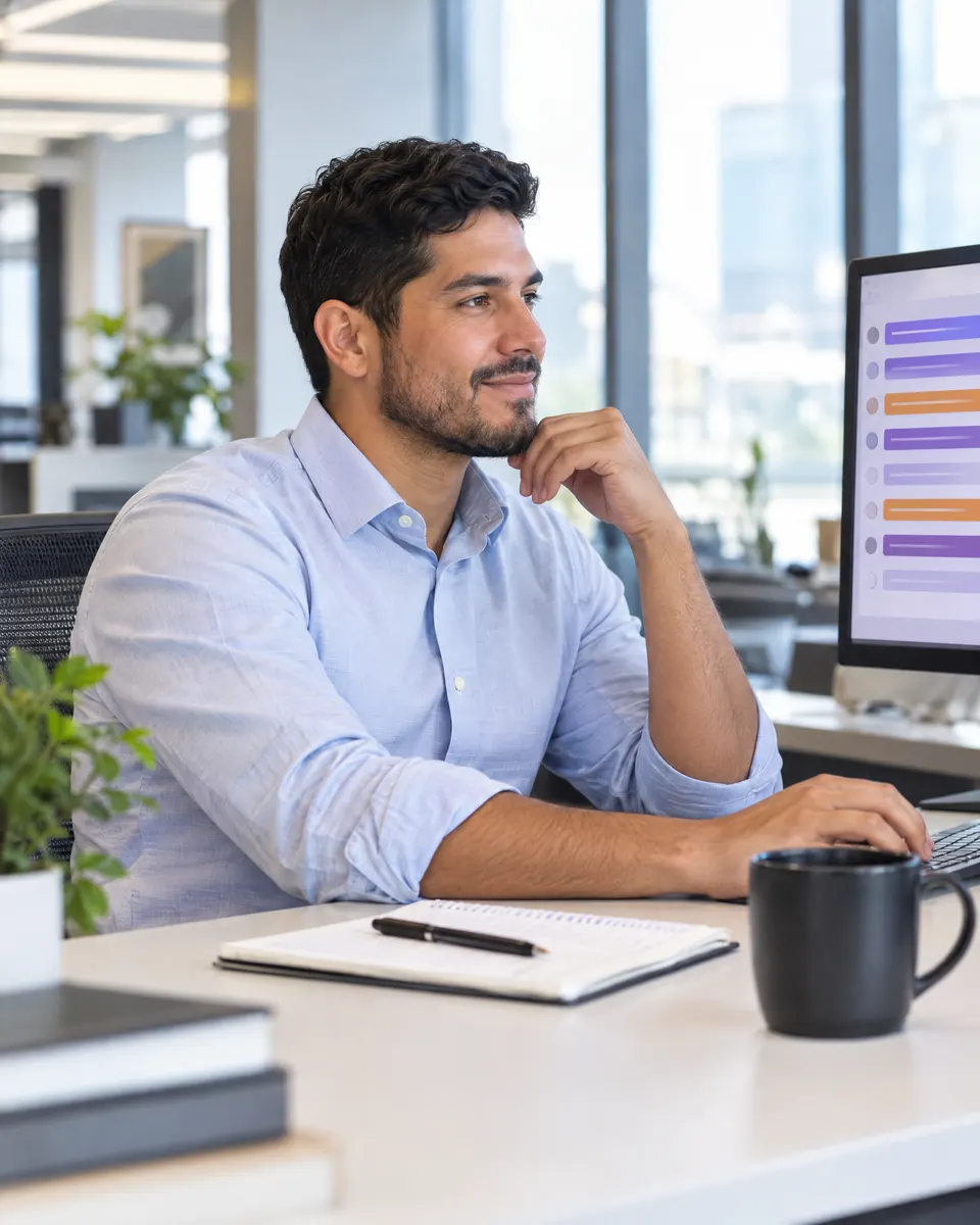 Asociado trabajando tranquilo frente a su tablero de tareas