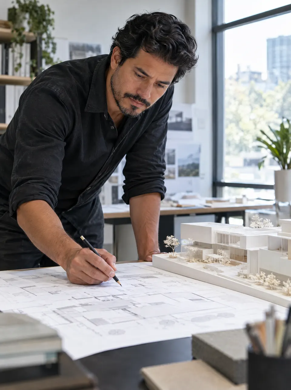 Arquitecto revisando planos y una maqueta