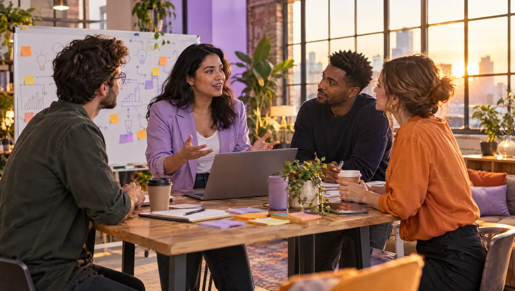 Fundadora de una startup explicando el plan de trabajo a su equipo