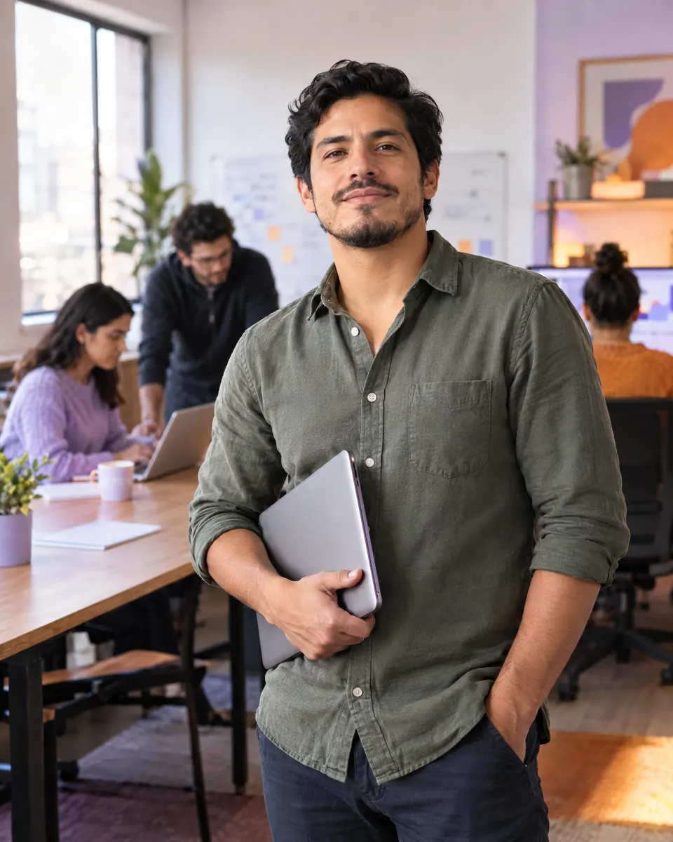 Fundador de una startup con su equipo trabajando detrás