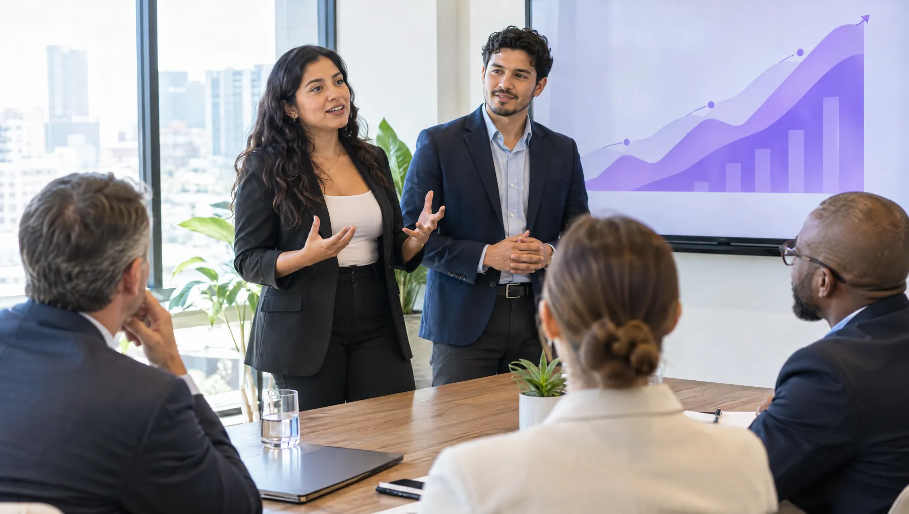 Fundadores presentando a inversionistas en una sala de reuniones