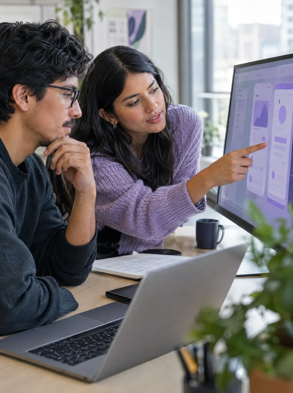 Desarrollador y diseñadora revisando una app